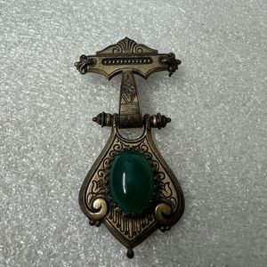 Vintage Brass Ornate Brooch with Green Stone
